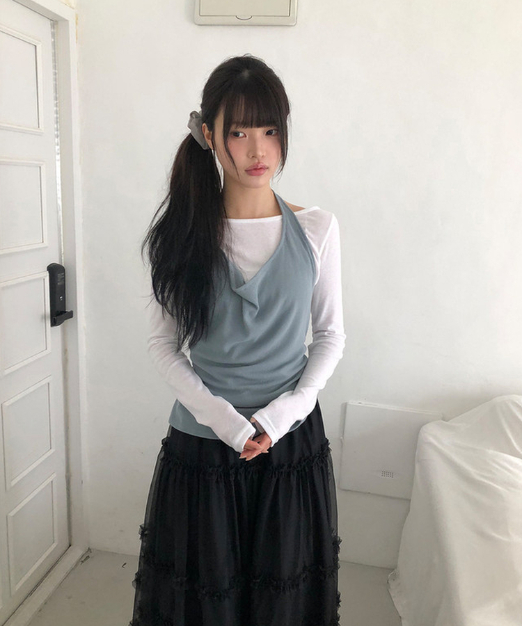 【SET】リップネックレイヤード長袖Tシャツ BLUE