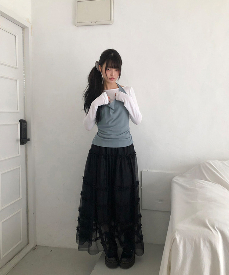 【SET】リップネックレイヤード長袖Tシャツ BLUE