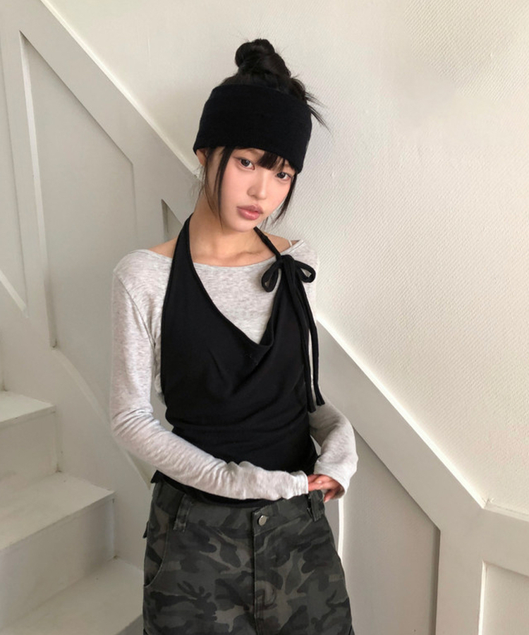 【SET】リップネックレイヤード長袖Tシャツ BLACK