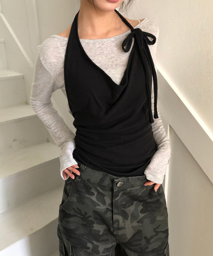 【SET】リップネックレイヤード長袖Tシャツ BLACK