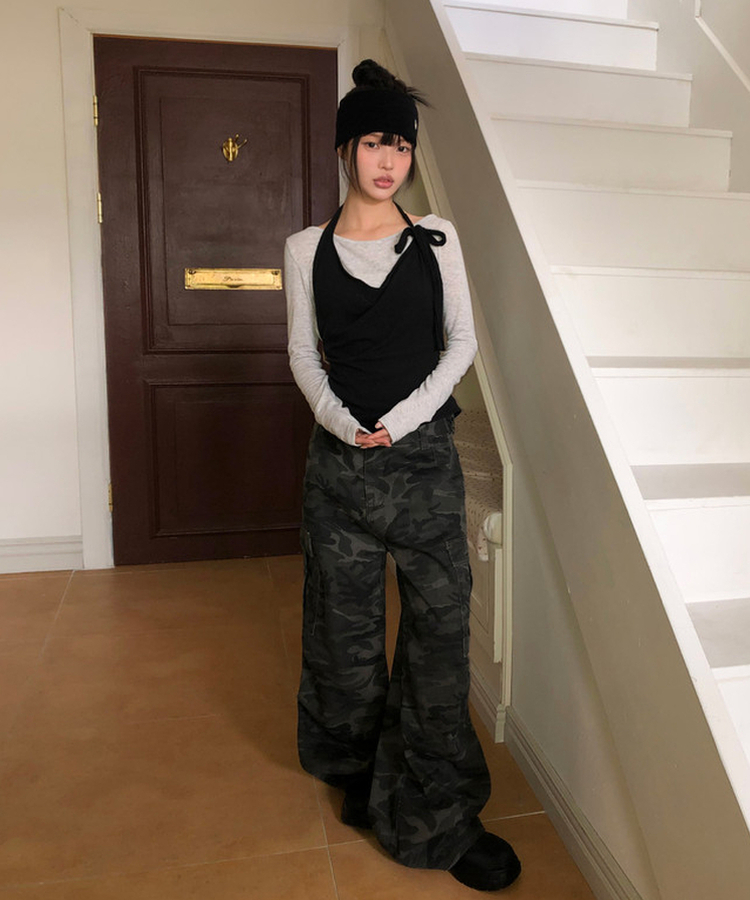 【SET】リップネックレイヤード長袖Tシャツ BLACK