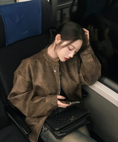 ノーカラーボタンレザーブルゾンジャケット BROWN