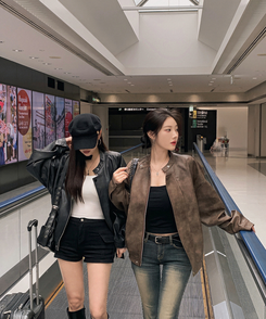 ノーカラーボタンレザーブルゾンジャケット BROWN