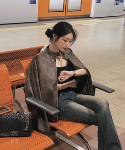 ノーカラーボタンレザーブルゾンジャケット BROWN