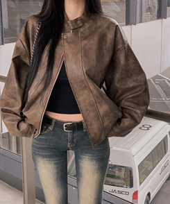 ノーカラーボタンレザーブルゾンジャケット BROWN