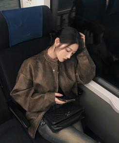 ノーカラーボタンレザーブルゾンジャケット BROWN