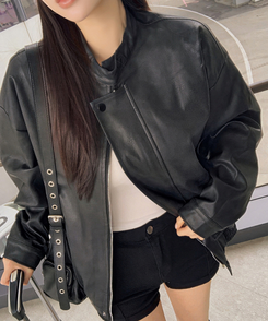 ノーカラーボタンレザーブルゾンジャケット BLACK