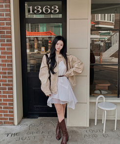 ノーカラーボタンレザーブルゾンジャケット BEIGE