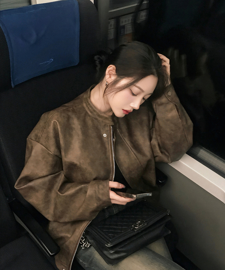 ノーカラーボタンレザーブルゾンジャケット BROWN