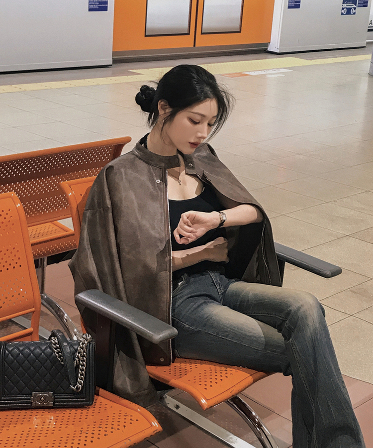 ノーカラーボタンレザーブルゾンジャケット BROWN