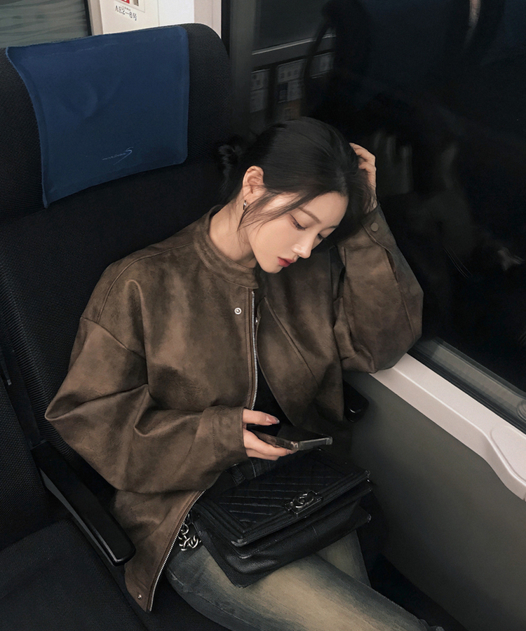 ノーカラーボタンレザーブルゾンジャケット BROWN