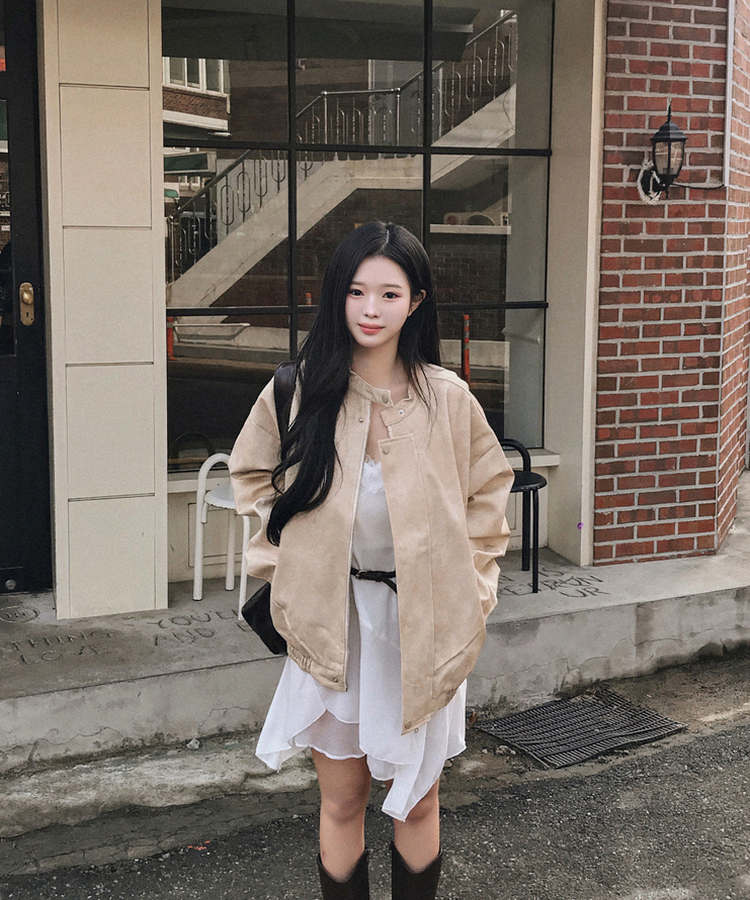 ノーカラーボタンレザーブルゾンジャケット BEIGE