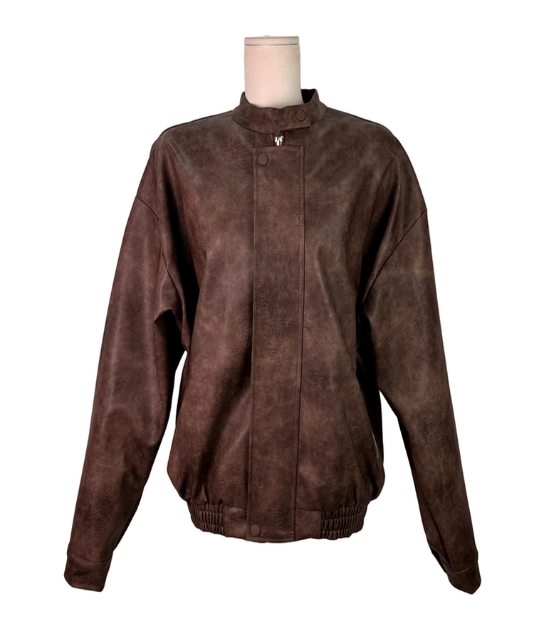 ノーカラーボタンレザーブルゾンジャケット