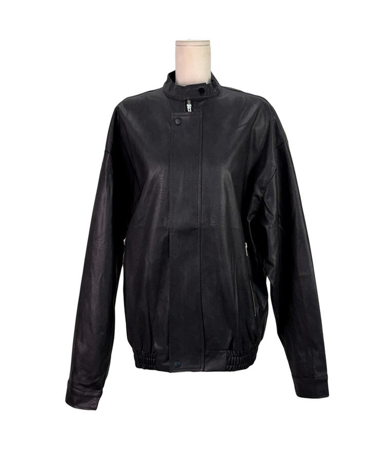 ノーカラーボタンレザーブルゾンジャケット
