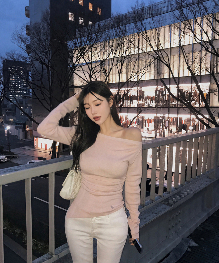 オフショルダーシアリングニット PINK