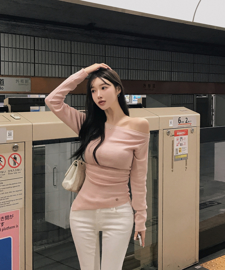 オフショルダーシアリングニット PINK