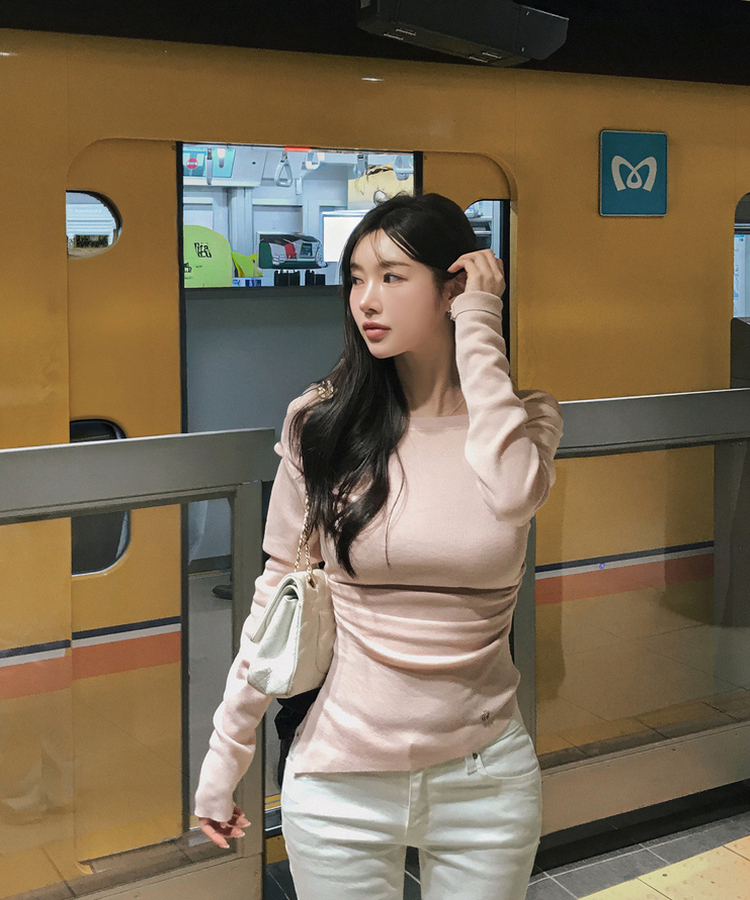 オフショルダーシアリングニット PINK