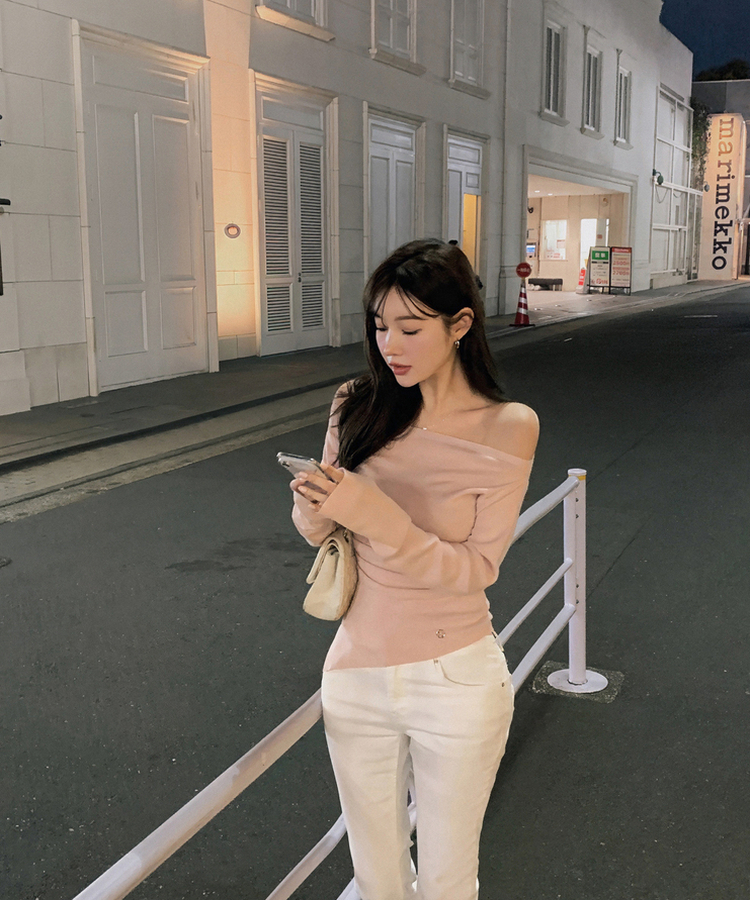 オフショルダーシアリングニット PINK