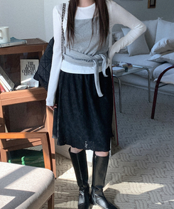 テンセルフラワーミディスカート BLACK