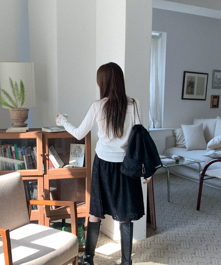 テンセルフラワーミディスカート BLACK