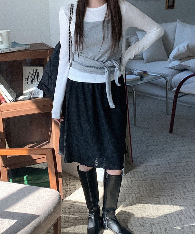 テンセルフラワーミディスカート BLACK