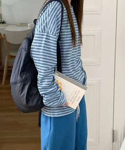 コットンボーダーボックス長袖Tシャツ SKY BLUE