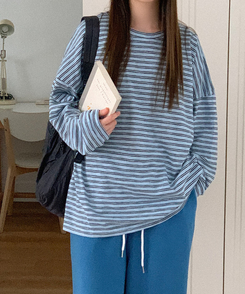 コットンボーダーボックス長袖Tシャツ SKY BLUE