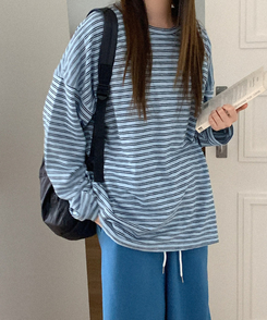 コットンボーダーボックス長袖Tシャツ SKY BLUE