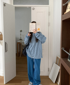 コットンボーダーボックス長袖Tシャツ SKY BLUE