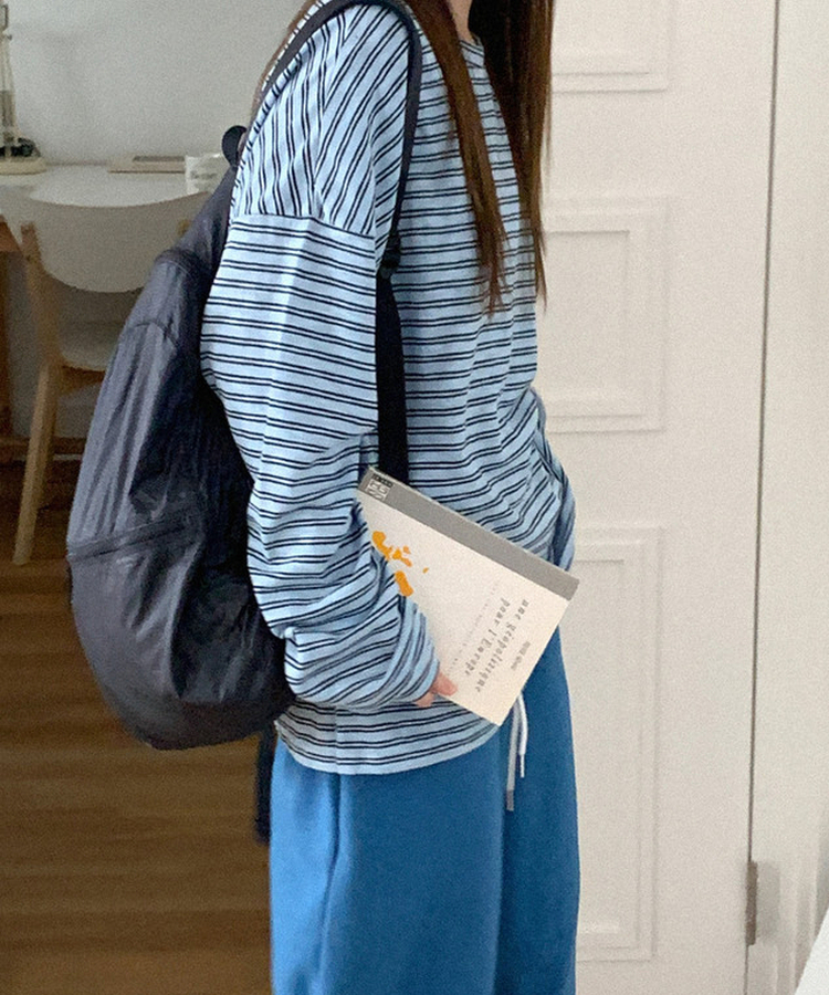 コットンボーダーボックス長袖Tシャツ SKY BLUE