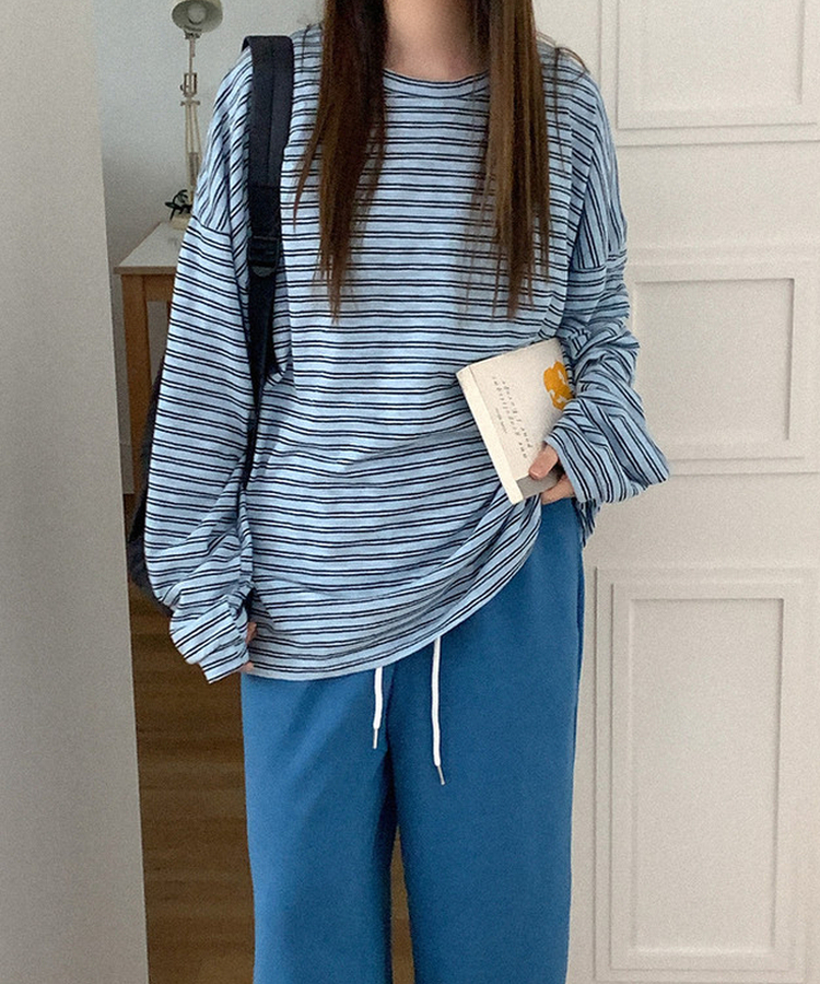 コットンボーダーボックス長袖Tシャツ SKY BLUE