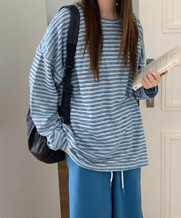 コットンボーダーボックス長袖Tシャツ SKY BLUE