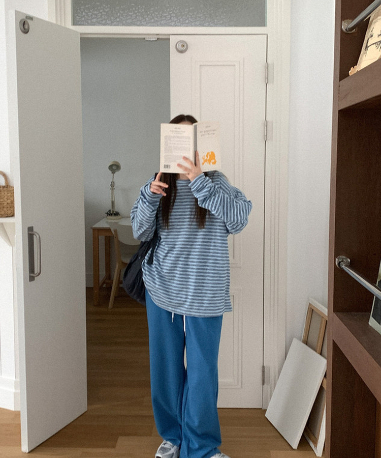 コットンボーダーボックス長袖Tシャツ SKY BLUE