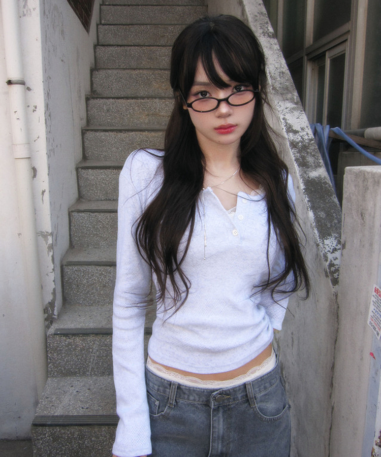 ヘンリーネックパンチングTシャツ MELANGE WHITE