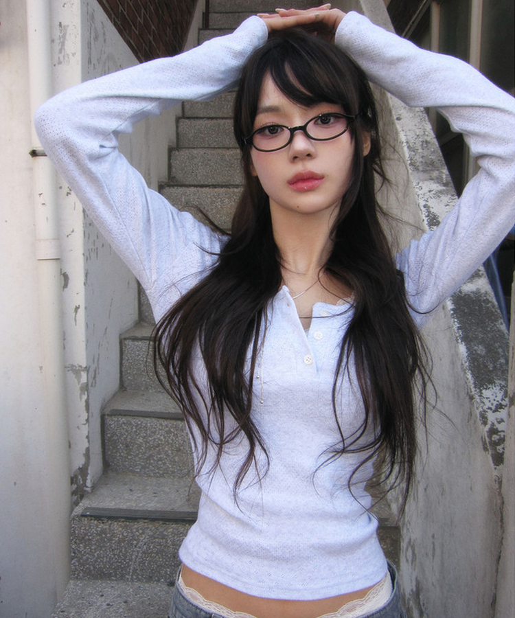 ヘンリーネックパンチングTシャツ MELANGE WHITE