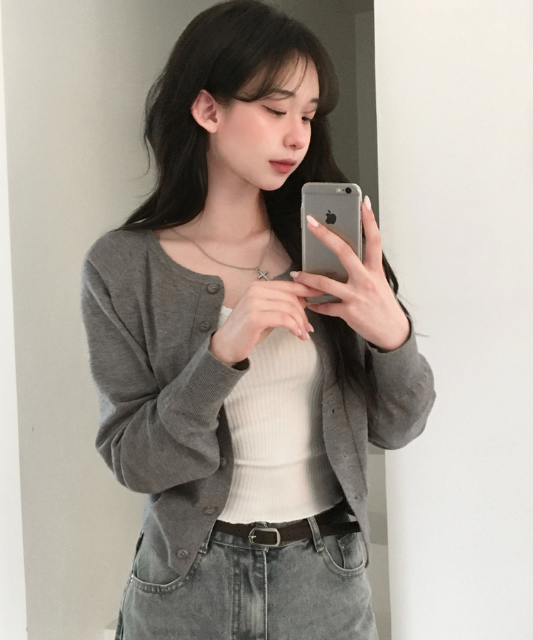 하릴 라운드넥 말라핏 베이직 긴팔 니트 가디건 그레이