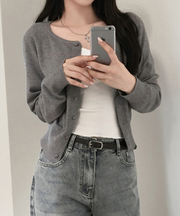 하릴 라운드넥 말라핏 베이직 긴팔 니트 가디건 그레이