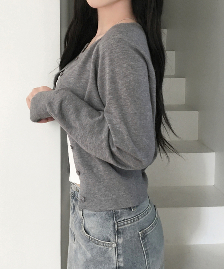 하릴 라운드넥 말라핏 베이직 긴팔 니트 가디건 그레이