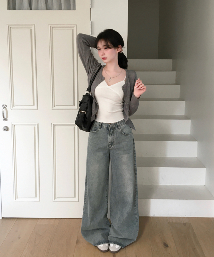 하릴 라운드넥 말라핏 베이직 긴팔 니트 가디건 그레이