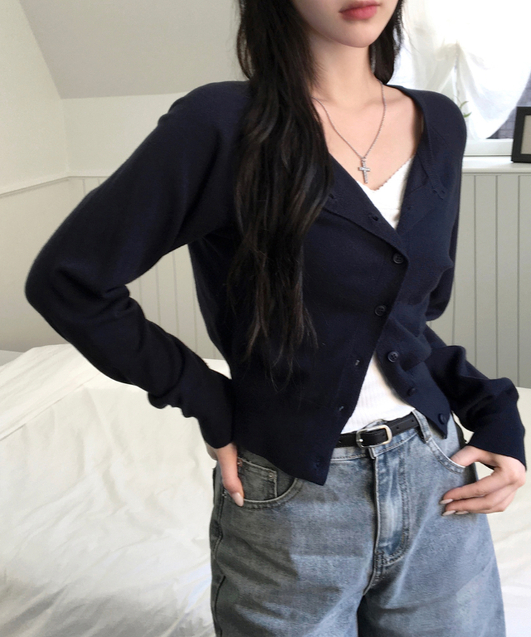 하릴 라운드넥 말라핏 베이직 긴팔 니트 가디건 네이비