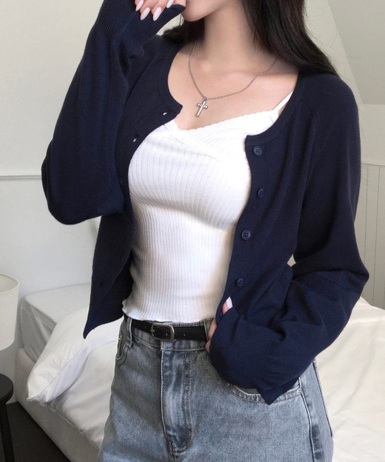 하릴 라운드넥 말라핏 베이직 긴팔 니트 가디건 네이비