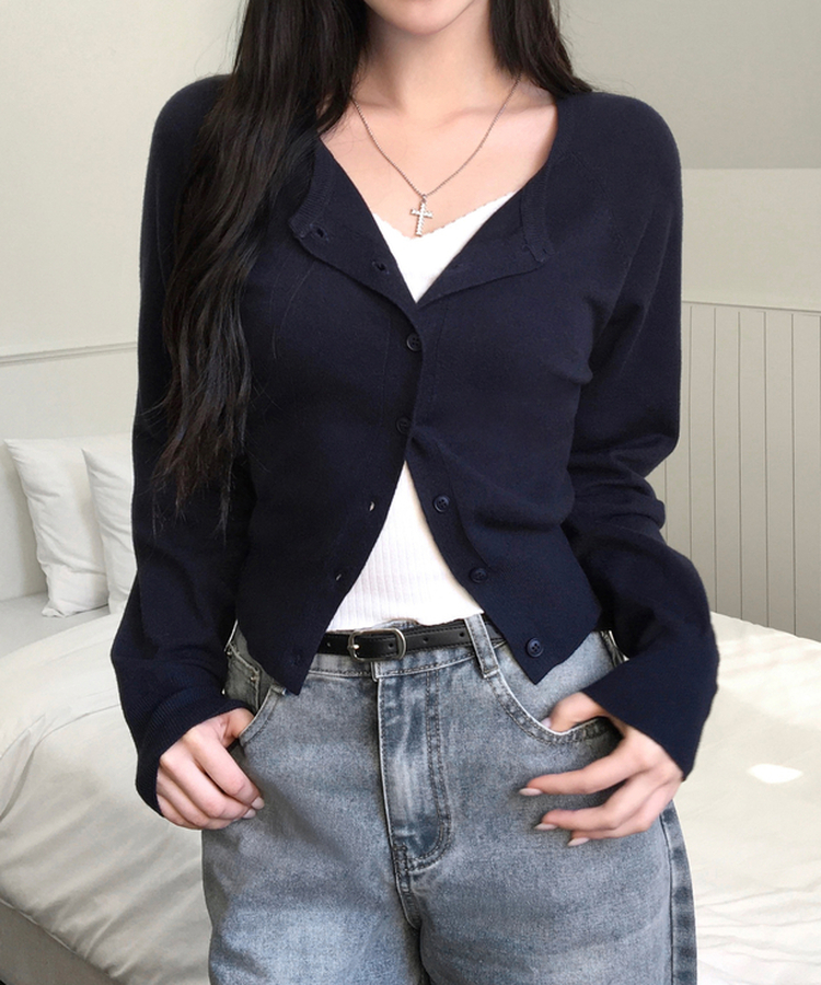 하릴 라운드넥 말라핏 베이직 긴팔 니트 가디건 네이비