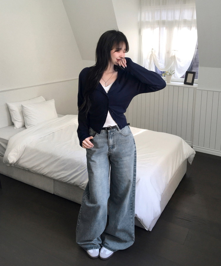 하릴 라운드넥 말라핏 베이직 긴팔 니트 가디건 네이비