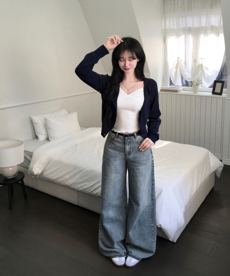 하릴 라운드넥 말라핏 베이직 긴팔 니트 가디건 네이비