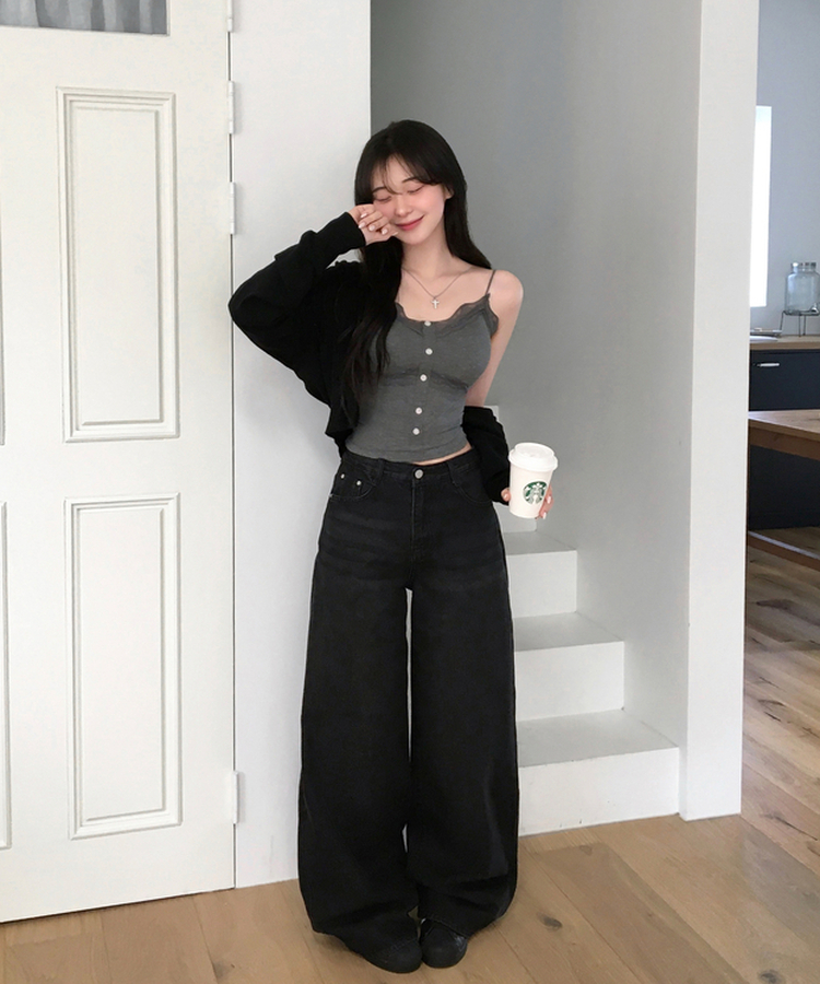 디노브 빈티지 워싱 기장선택 와이드핏 데님 팬츠 백포켓 청바지 흑청