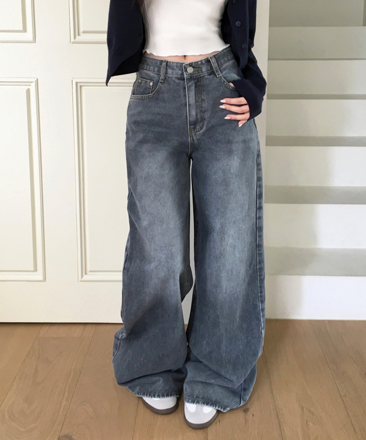 【丈別】ビンテージウォッシュワイドデニムパンツ GREY