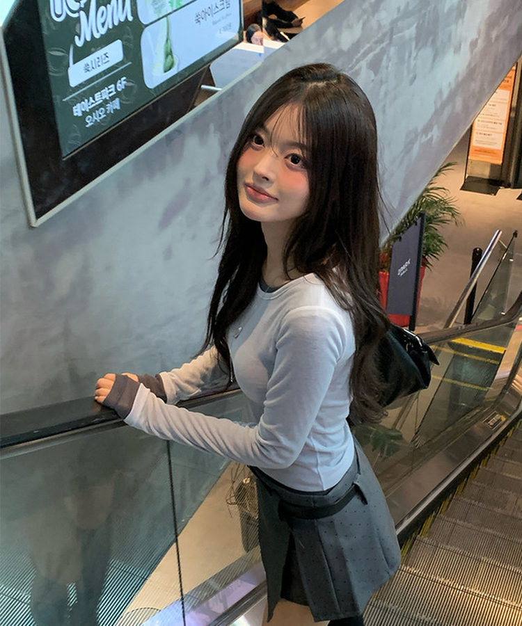 ラウンドシースルー長袖Tシャツ(9color) SKY BLUE