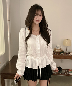 リボンストリングパンチングフレアブラウス WHITE
