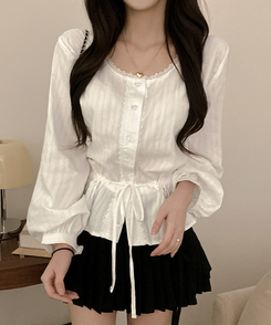 リボンストリングパンチングフレアブラウス WHITE