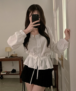 リボンストリングパンチングフレアブラウス WHITE